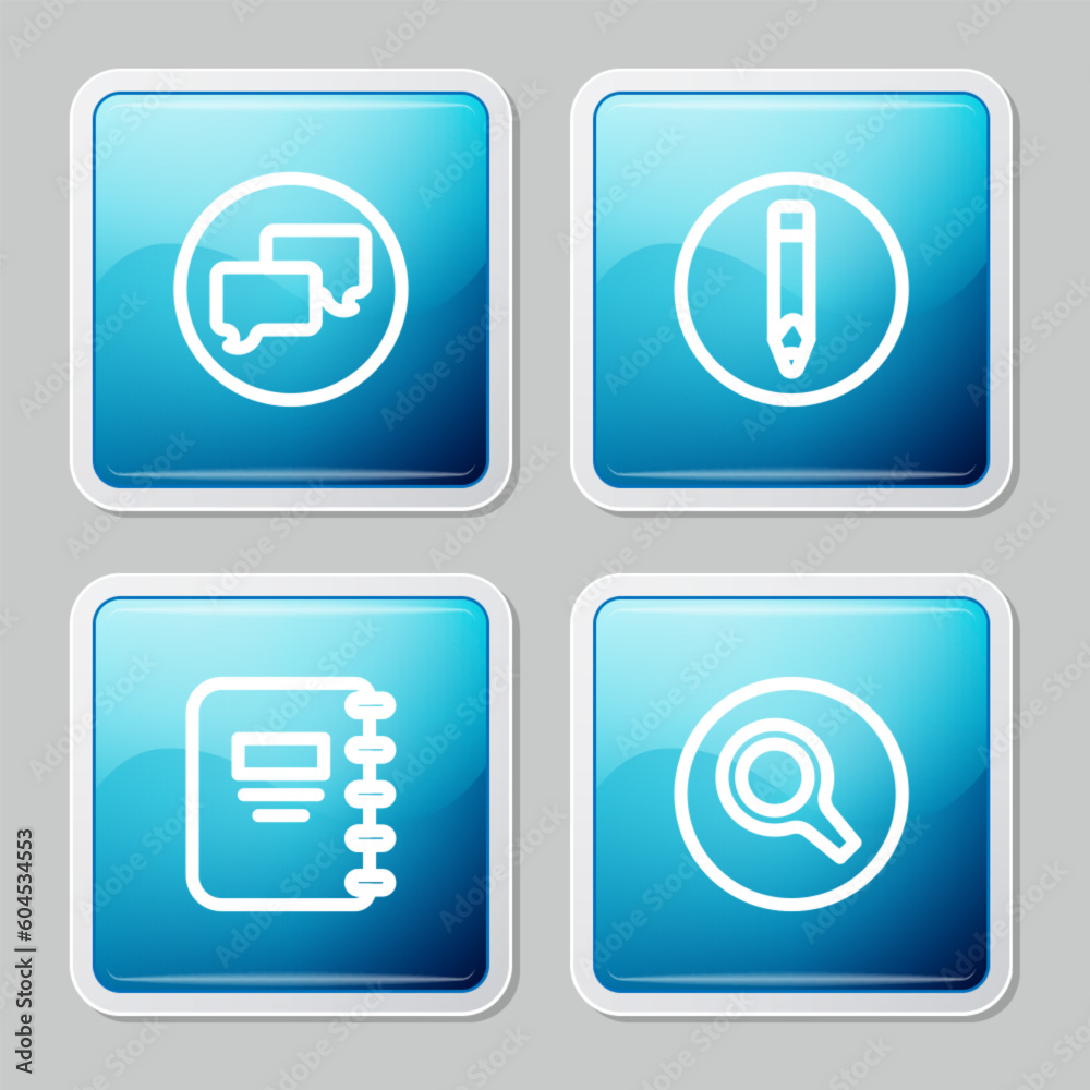 Set line Speech bubble chat, Pencil, Notebook and Magnifying glass icon. Vector Set line Speech bubble chat, Pencil, Notebook and Magnifying glass icon. Vector
