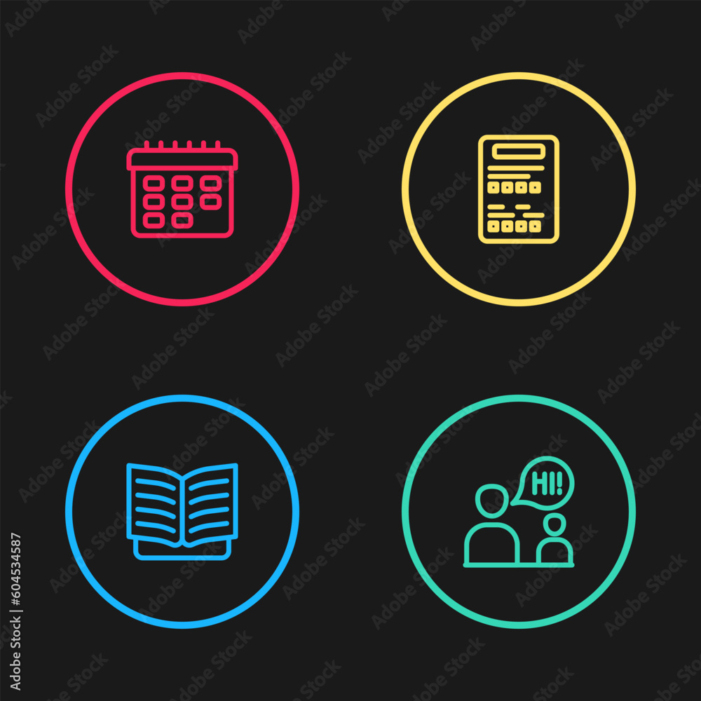 Set line Open book, Two sitting men talking, Exam sheet and School timetable icon. Vector Set line Open book, Two sitting men talking, Exam sheet and School timetable icon. Vector