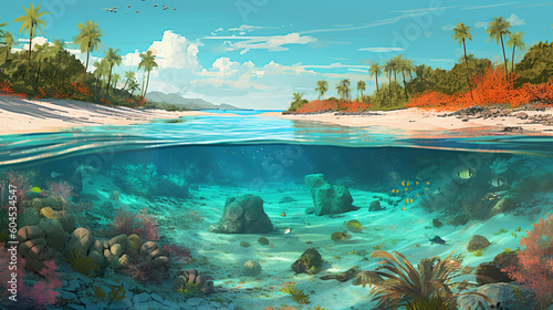Vector illustration of sea with a colorful coral reef. Generative AI image © Анастасия Каргаполов