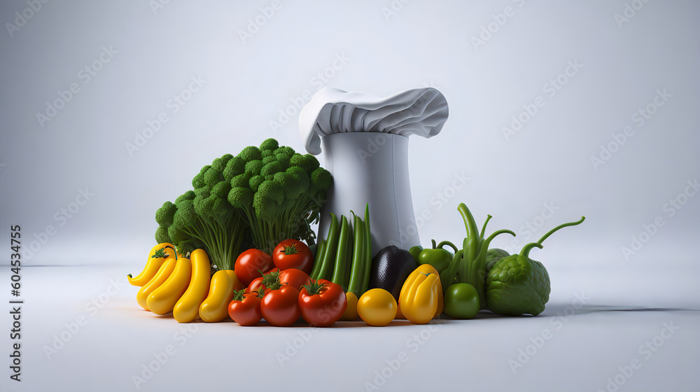 Healthy food, vegetables and meat, transparent cloche and chef hat. White background. Space for text. Generative AI. Healthy food, vegetables and meat, transparent cloche and chef hat. White background. Space for text. Generative AI.