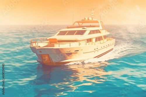 Ship in the sea. Yacht is floating through the water at sunset, retro style, generative ai