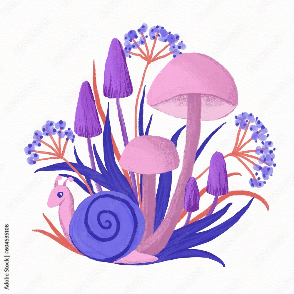 Obraz premium Hand drawing illustration of pink purple mushrooms with forest wood plants blue snail. Magic woodland fairy nature, cartoon drawing with dangerous poisonous witch fungi, cute flora background design.