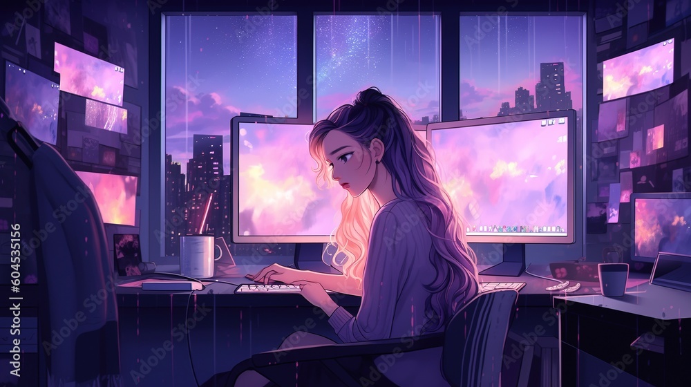 Fototapeta premium anime girl working on her computer lofi background