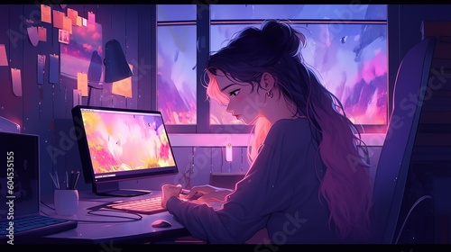 anime girl working on her computer background for lofi music
