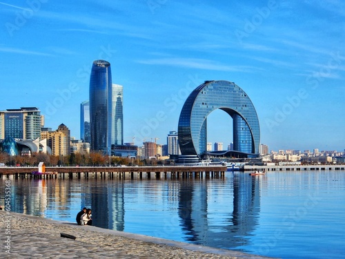 Fotografiet Crescent Bay and Port Baku towers view from boulevard