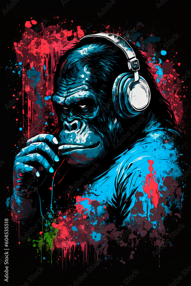 A gorilla in headphones. Printing a t-shirt. Generative AI
