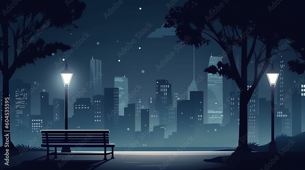 Vector illustration of bench and street light in city park at night ...