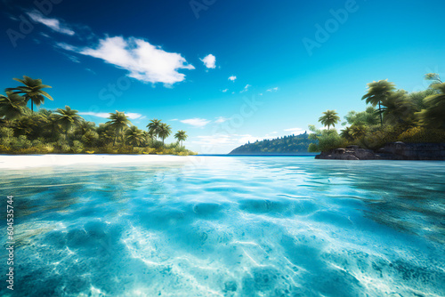 Paradise tropical island with crystal blue water  white sand  palm trees and blue sky. Created with Generative AI technology.