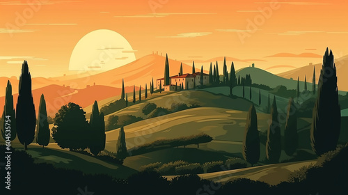 Vector illustration of Italian countryside background. Generative AI image