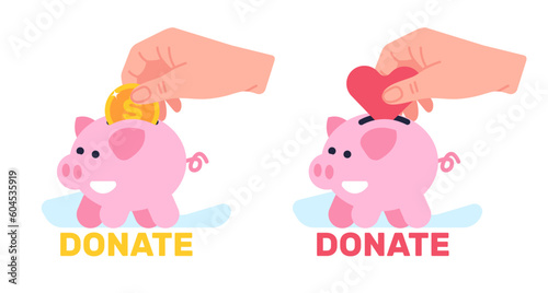 Donation or support, hand puts coin or heart into piggy bank. Charity sign, humanitarian assistance, giving money and love, people throw hearts into box Cartoon flat isolated vector set