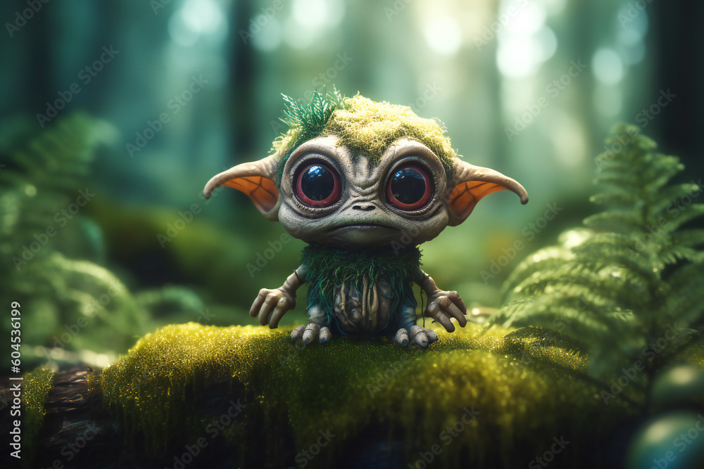 Cute little green creature in the forest. Created with Generative AI technology.