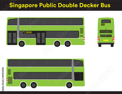 Public transport double decker bus, vector line art drawing artwork. Isolated illustration out of home advertising branding application. With  side and back views. No background. Common in Singapore