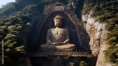 Giant Buddha statue seated tranquilly in a mountain area. Vesak Day concept. 