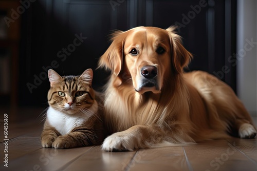 Cat and dog lying together, pet friends Generative AI © neirfy