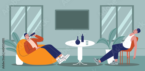 Drinker men. Alcoholics in room interior. Domestic drunkenness. Harmful addictions. Alcohol intoxication. Damage to health. People sitting at cafe table with beer bottles. Vector concept