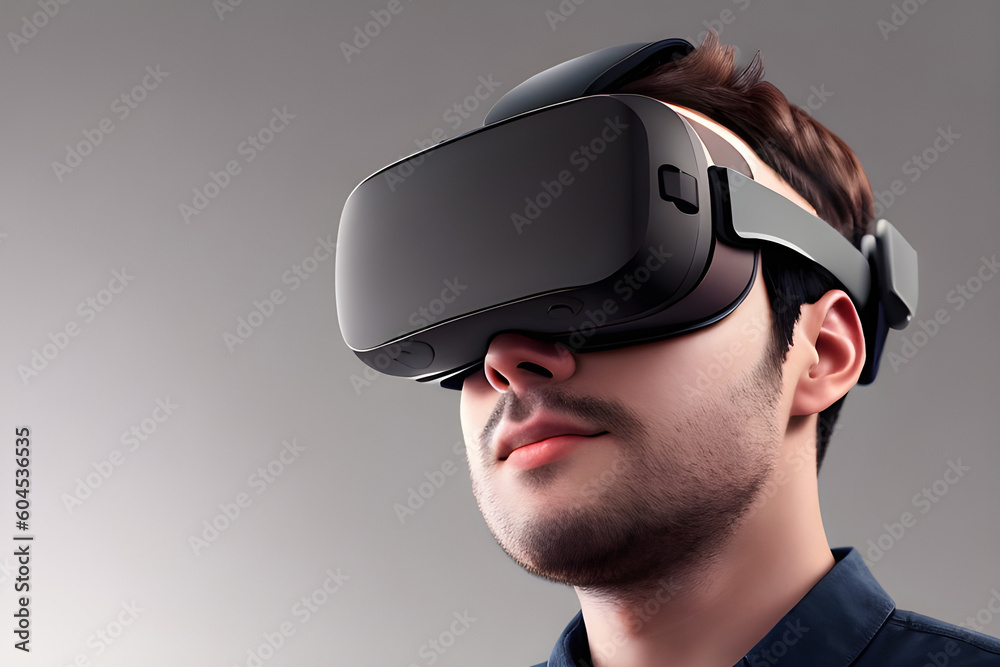 ai-generated, illustration of a fictional man wearing virtual reality glasses ai-generated, illustration of a fictional man wearing virtual reality glasses