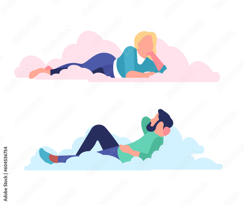 Fototapeta premium Happy creative carefree man and woman dreaming in clouds. Daydreaming characters, relaxed thoughtful boy and girls. Cartoon flat style isolated vector imagination and inspiration set