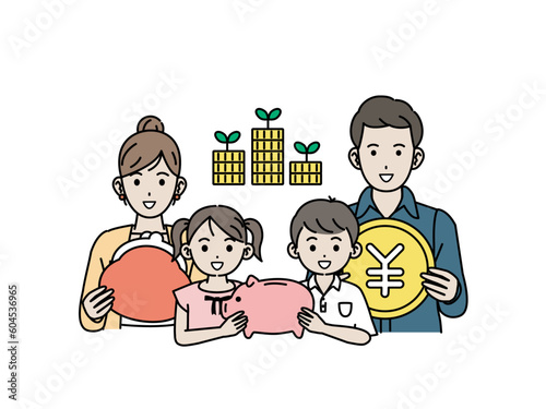 家族で節約や貯金をするイラスト