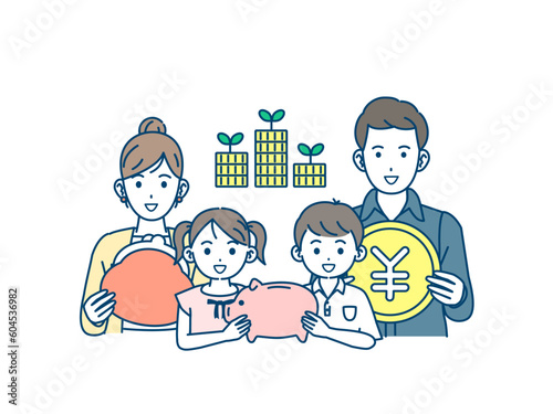 家族で節約や貯金をするイラスト