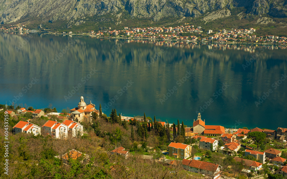 Fototapeta premium View of the Bay of Kotor in spring from the hiking trail above Prcanj
