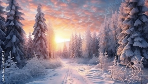Frosty Spruce Branches.Outdoor frost scene. Snow winter background. Nature forest light landscape. Beautiful tree and sunrise sky. Sunny, snowy, scenic, snowfall generative ai variation 7 