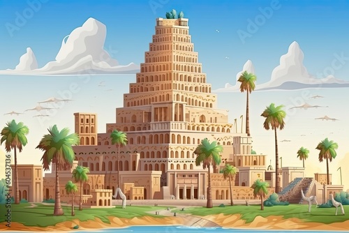 Ancient Babylon town with famous Babel tower, Generative AI