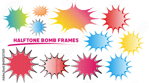 チラシに使いやすいカラフルなハーフトーン柄の爆弾フレームセット