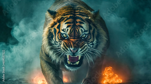 Roaring Dominance   Capturing the Menacing Presence of an Angry Tiger in Fire and Smoke  Generative AI