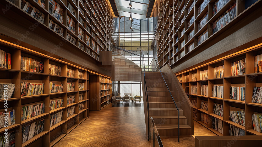 Modern big library, sheves with books, learning and back to school concept, created using of AI tool Modern big library, sheves with books, learning and back to school concept, created using of AI tool