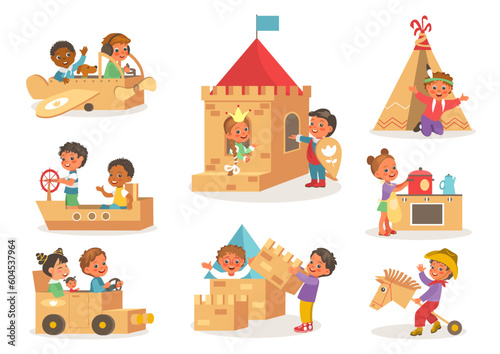 Kids cardboard games. Children play with boxes. Carton teepee and plane. Homemade toys. Imagination development. Playground paper castle and car. Stove cooking. Splendid vector set