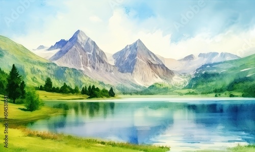 Alps and lake landscape in stunning watercolor Creating using generative AI tools
