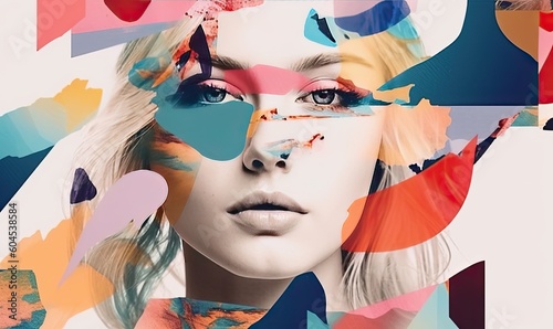 With a mix of colors and textures, the abstract modern art collage portrait captured the essence of the young woman. Creating using generative AI tools © uhdenis
