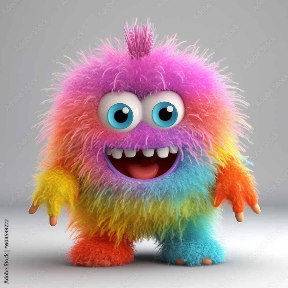 Fluffy cute happy monster rainbow colors 