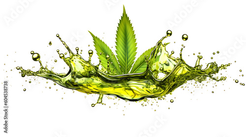 Medical cannabis liquid oil splash with hemp leaf generative ai