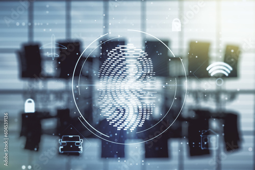 Double exposure of virtual creative fingerprint hologram on a modern meeting room background, research and development concept