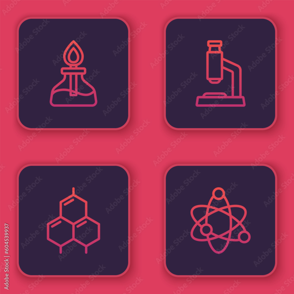 Set line Alcohol or spirit burner, Chemical formula, Microscope and Atom. Blue square button. Vector Set line Alcohol or spirit burner, Chemical formula, Microscope and Atom. Blue square button. Vector
