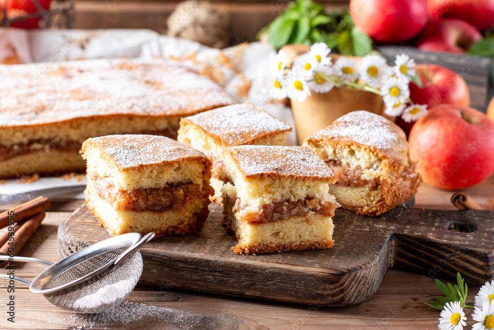 Homemade pie with apples and cinnamon on rustic wooden background