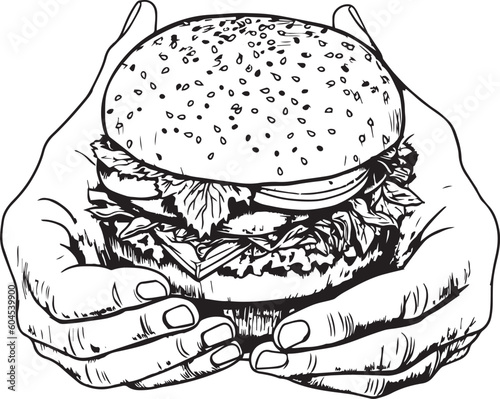 Hands hold a burger, burger in hands Vector Illustration, SVG