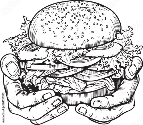 Hands hold a burger, burger in hands Vector Illustration, SVG