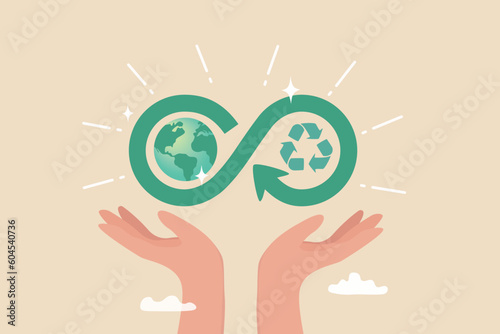 Circular economy, sustainability, ecology with reusable resource, energy or eco friendly product, recycle material or environment protection, climate change concept, hand hold circular economy cycle.