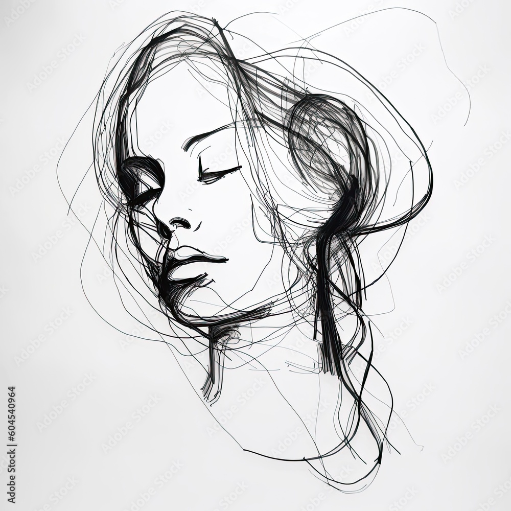 A sketch of a woman with her eyes closed and her eyes closed. Portrait of a girl, sketch, monochrome illustration. Generative AI