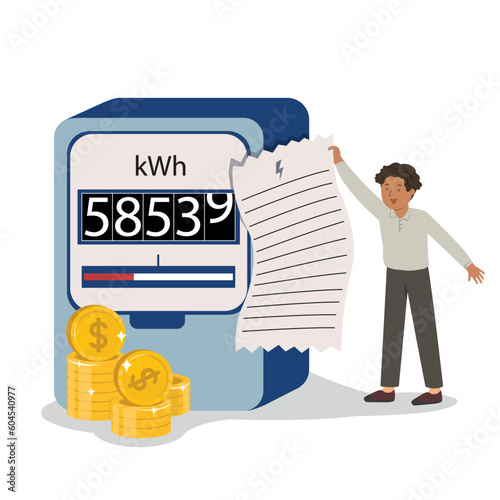 Concept of paying utilities, Young man holding electricity utilities bill, Household energy and resources, Energy bill, electricity cost concept.