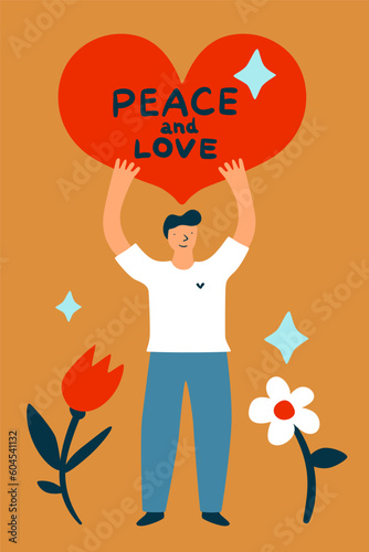 Peace card. Man holding heart. Love and peacekeeping. Cute smiling young guy. Pacifism and humanism poster design. Blooming flowers. International holiday. Vector cartoon illustration