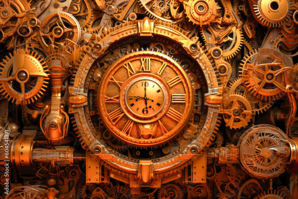 steampunk background, clocks, generative ai
