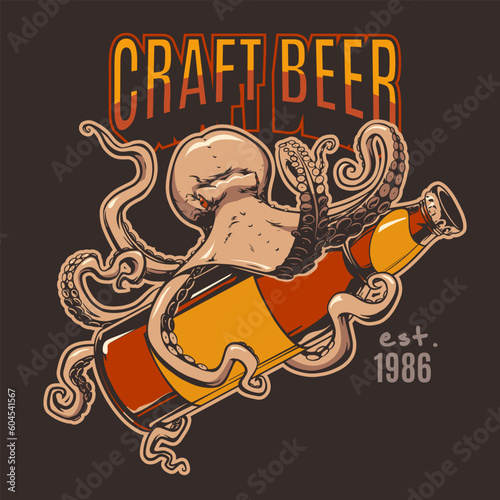 Banner with octopus and craft beer in hand drawn style for print and design.Vector illustration.