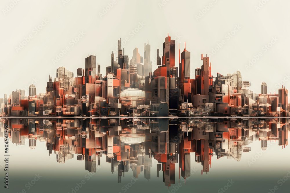 Fototapeta premium view of a cityscape with big buildingfuture concept, red, minimalist style, generative ai
