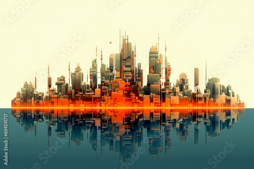 view of a cityscape with big buildings and its relfection in water, minimalist style, generative ai