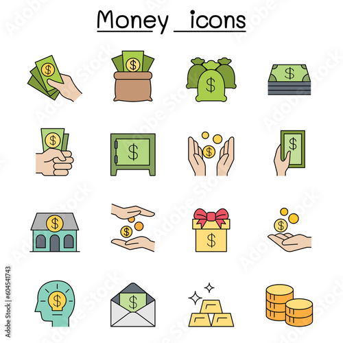 Money, Hand, investment, asset, cash, profit, financial color line icon set