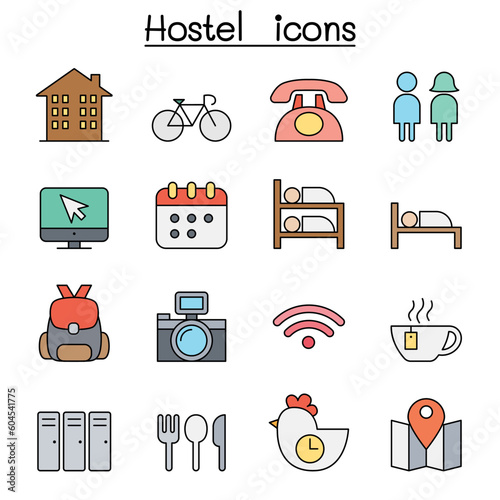 Hostel color line icon set