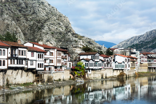 River scenes of old traditional Ottoman houses in Amasya, Turkey